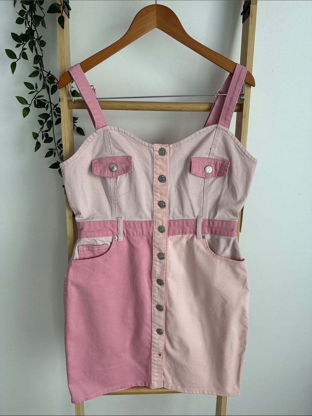 Juicy Couture Denim Pink Logo Minidress Sweatheart Neckline Colorblock Y2K SZ L